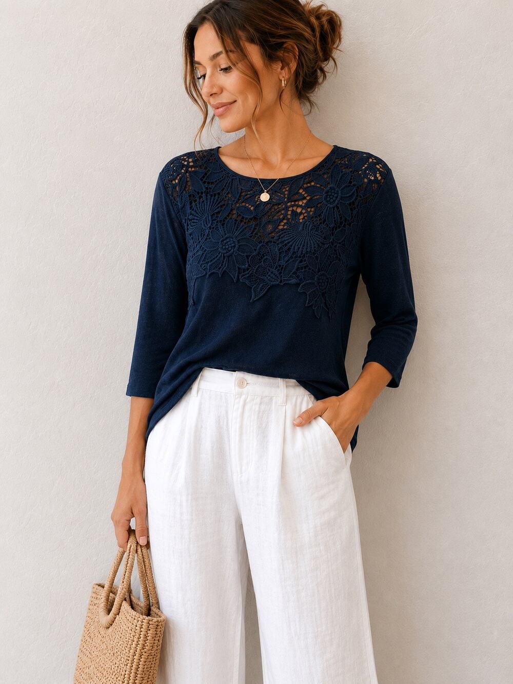 J JILL Linen Blend Crochet Lace Sweater Tunic Top Navy Blue Coastal NWT | Large
